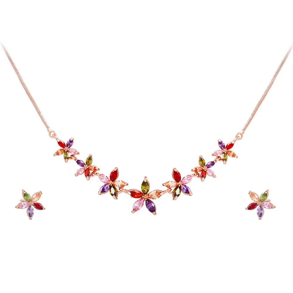Yellow Chimes Fashion Jewellery Set for Women Florets Charms Swiss Cubic Zirconia 18K Rose Gold Plated Necklace Set for Women and Girls